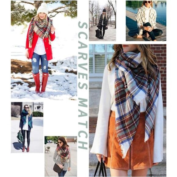 Plaid Print Oversized Blanket Scarf Tartan Checked Shawl Wrap Pashmina Tan Red - Picture 5 of 6